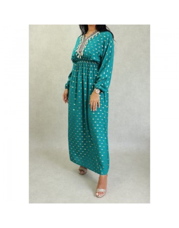 Robe fluide avec motifs dorés broderies et pompons pour femme - Couleur Vert émeraude 