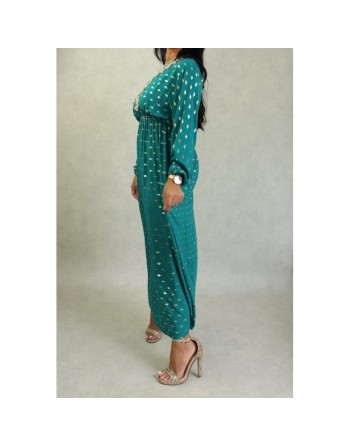 Robe fluide avec motifs dorés broderies et pompons pour femme - Couleur Vert émeraude 