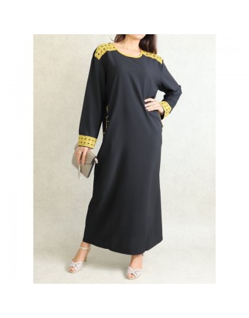 Robe à manches longues avec broderies et perles jaunes - Couleur Noir 