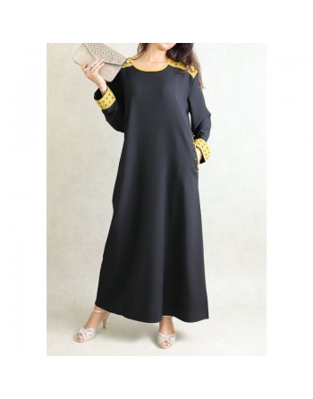 Robe à manches longues avec broderies et perles jaunes - Couleur Noir 