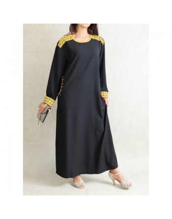 Robe à manches longues avec broderies et perles jaunes - Couleur Noir 