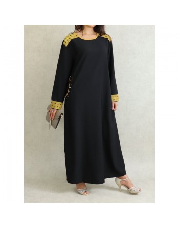 Robe à manches longues avec broderies et perles jaunes - Couleur Noir 