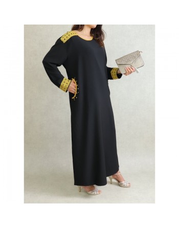 Robe à manches longues avec broderies et perles jaunes - Couleur Noir 