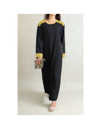 Robe à manches longues avec broderies et perles jaunes - Couleur Noir 