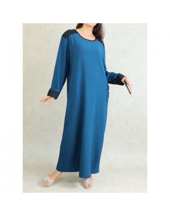 Robe à manches longues avec perles et broderies - Couleur Bleu pétrole 