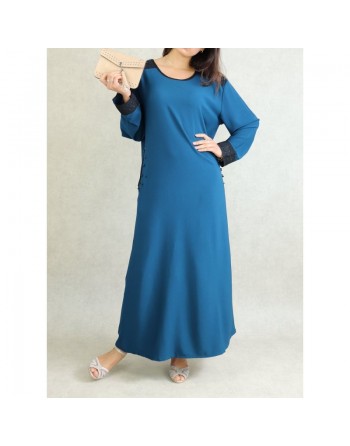 Robe à manches longues avec perles et broderies - Couleur Bleu pétrole 