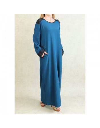 Robe à manches longues avec perles et broderies - Couleur Bleu pétrole 