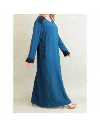 Robe à manches longues avec perles et broderies - Couleur Bleu pétrole 