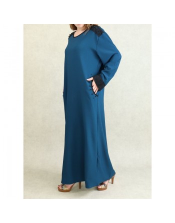 Robe à manches longues avec perles et broderies - Couleur Bleu pétrole 