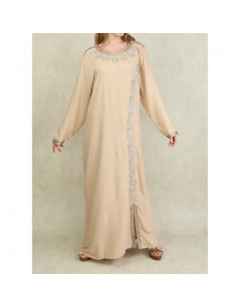 Robe orientale algérienne brodée et perlée pour femme - Couleur Beige 