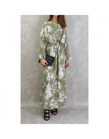 Robe longue en coton à imprimés délavés - Couleur kaki 