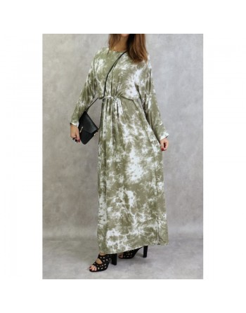 Robe longue en coton à imprimés délavés - Couleur kaki 