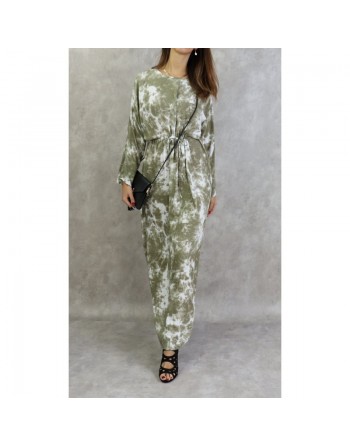 Robe longue en coton à imprimés délavés - Couleur kaki 