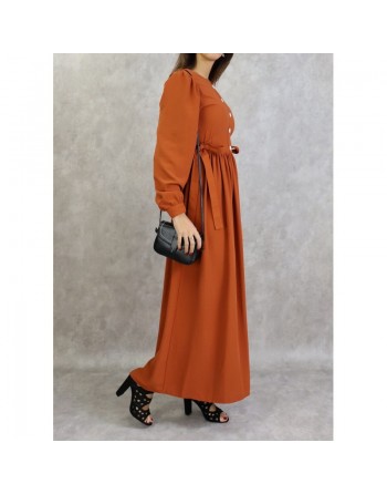 Robe longue froncée fluide style habillé pour femme - Couleur rouille 
