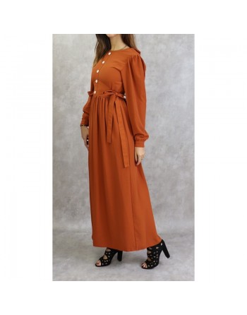 Robe longue froncée fluide style habillé pour femme - Couleur rouille 