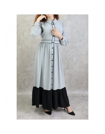 Robe longue évasée bicolore - Couleur gris 