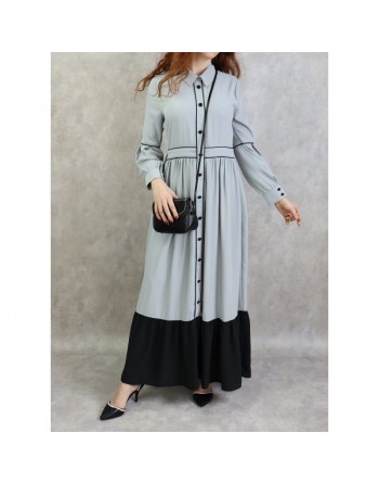 Robe longue évasée bicolore - Couleur gris 