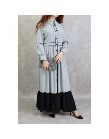 Robe longue évasée bicolore - Couleur gris 
