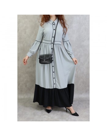 Robe longue évasée bicolore - Couleur gris 