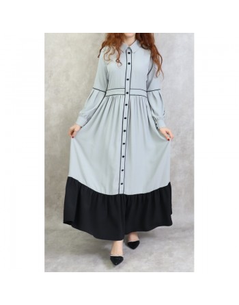 Robe longue évasée bicolore - Couleur gris 