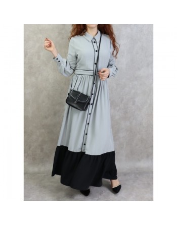 Robe longue évasée bicolore - Couleur gris 