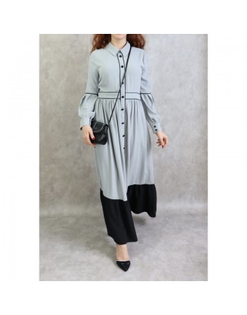 Robe longue évasée bicolore - Couleur gris 