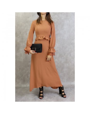Robe longue fluide casual évasée à volants pour femme - Couleur marron caramel 
