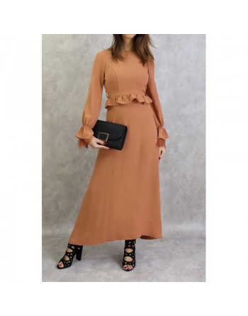 Robe longue fluide casual évasée à volants pour femme - Couleur marron caramel 