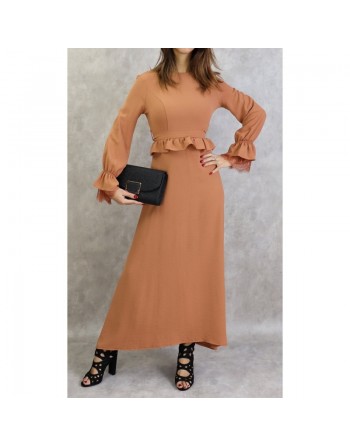 Robe longue fluide casual évasée à volants pour femme - Couleur marron caramel 