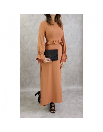 Robe longue fluide casual évasée à volants pour femme - Couleur marron caramel 