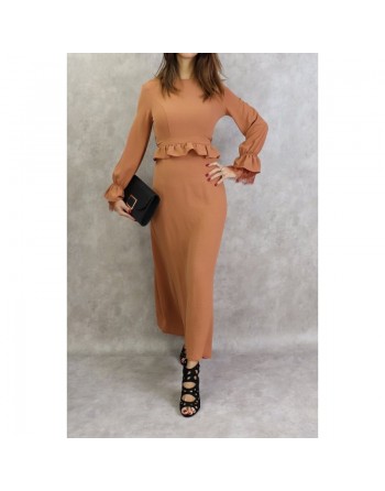 Robe longue fluide casual évasée à volants pour femme - Couleur marron caramel 