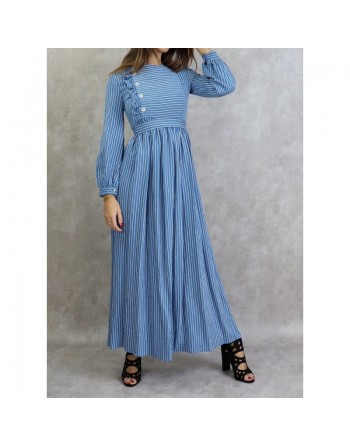 Robe casual longue évasée à rayures blanches pour femme - Couleur bleu 