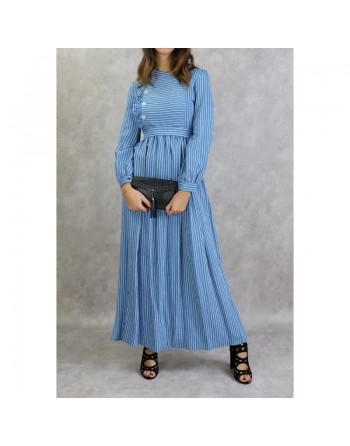Robe casual longue évasée à rayures blanches pour femme - Couleur bleu 