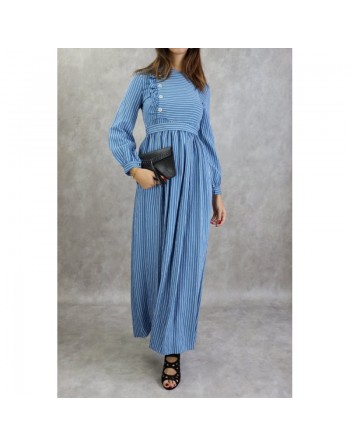 Robe casual longue évasée à rayures blanches pour femme - Couleur bleu 