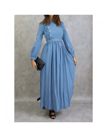 Robe casual longue évasée à rayures blanches pour femme - Couleur bleu 