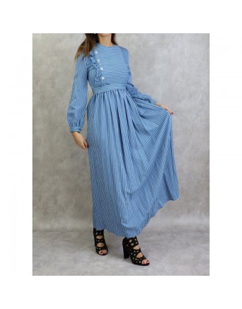 Robe casual longue évasée à rayures blanches pour femme - Couleur bleu 