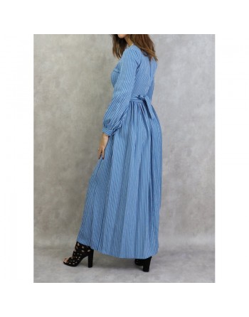 Robe casual longue évasée à rayures blanches pour femme - Couleur bleu 