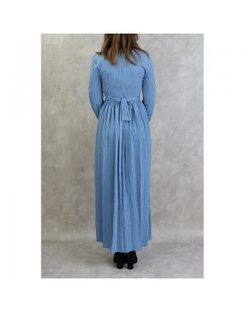 Robe casual longue évasée à rayures blanches pour femme - Couleur bleu 