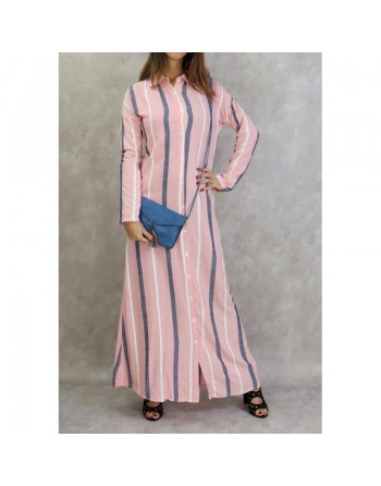 Robe-chemise longue boutonnée tissu en coton à rayures - Couleur rose 