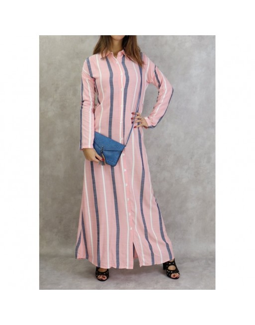 Robe-chemise longue boutonnée tissu en coton à rayures - Couleur rose Robe-chemise longue boutonnée tissu en coton à rayures - Couleur rose