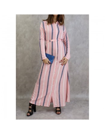 Robe-chemise longue boutonnée tissu en coton à rayures - Couleur rose 