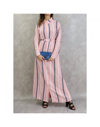 Robe-chemise longue boutonnée tissu en coton à rayures - Couleur rose 