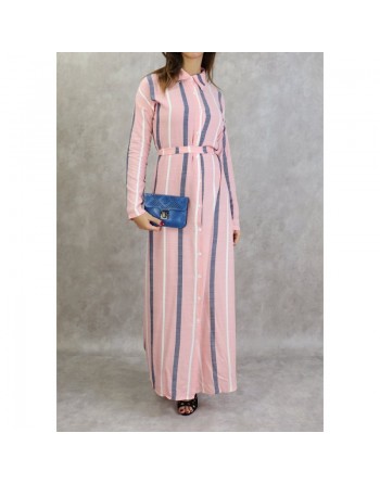 Robe-chemise longue boutonnée tissu en coton à rayures - Couleur rose 