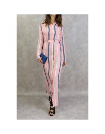 Robe-chemise longue boutonnée tissu en coton à rayures - Couleur rose 