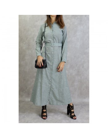 Robe-Chemise en coton à fines rayures blanches de couleur vert kaki avec ceinture assortie 