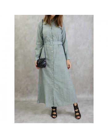 Robe-Chemise en coton à fines rayures blanches de couleur vert kaki avec ceinture assortie 