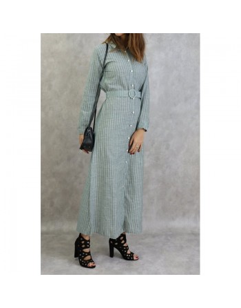 Robe-Chemise en coton à fines rayures blanches de couleur vert kaki avec ceinture assortie 