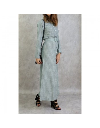 Robe-Chemise en coton à fines rayures blanches de couleur vert kaki avec ceinture assortie 
