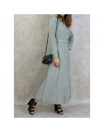 Robe-Chemise en coton à fines rayures blanches de couleur vert kaki avec ceinture assortie 