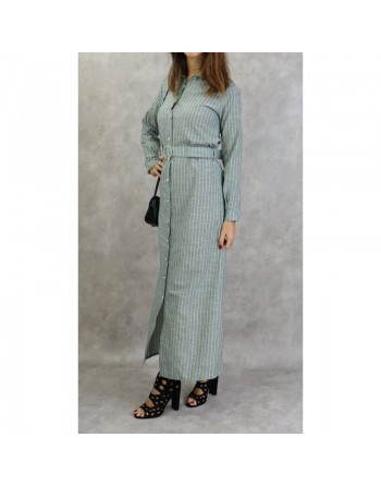 Robe-Chemise en coton à fines rayures blanches de couleur vert kaki avec ceinture assortie 